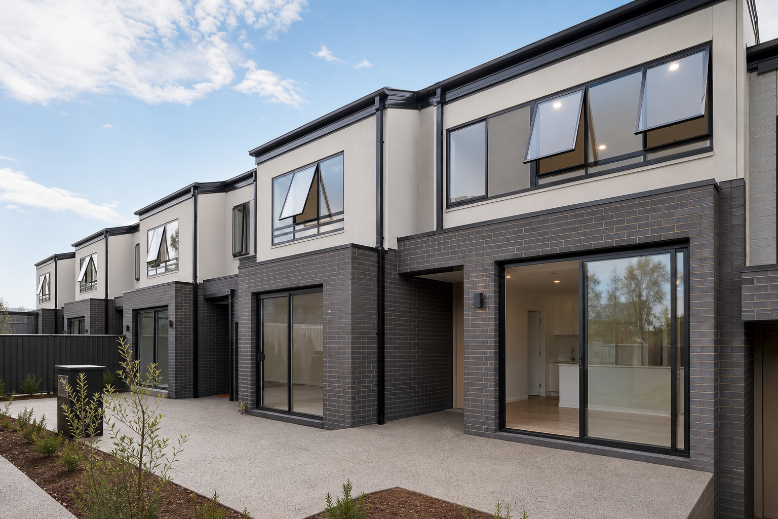 Townhouse development with black aluminium windows and sliding doors