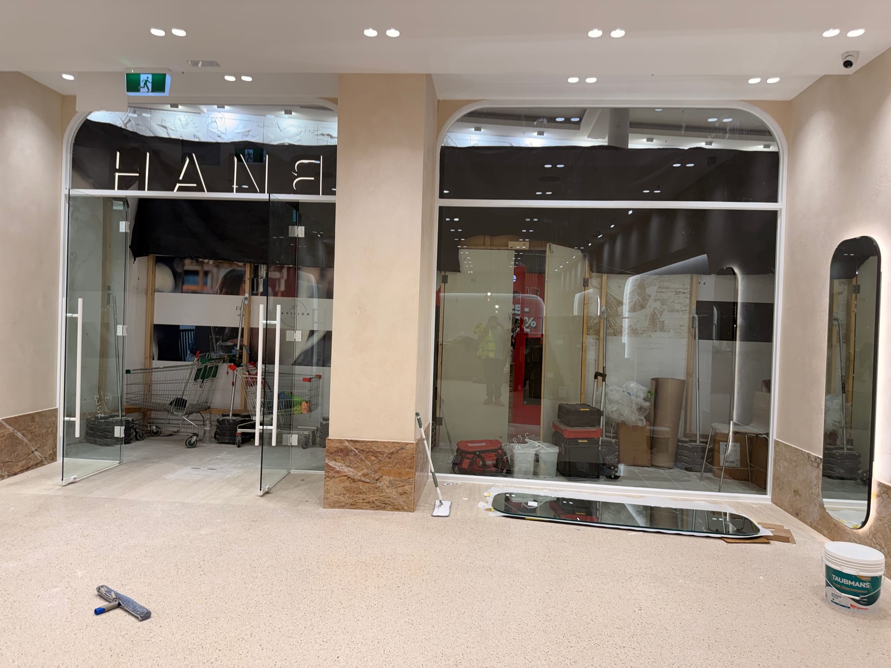 Commercial shopfront fitout during works with glass doors and panels installed